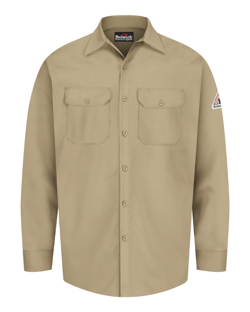 Front View of Khaki Flame Resistant Excel Work Shirt - SEW2