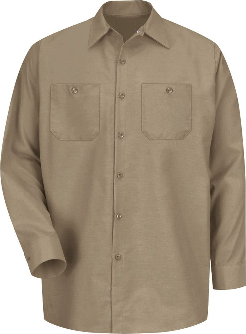 Front View of Khaki Industrial Long Sleeve Work Shirt - SP14