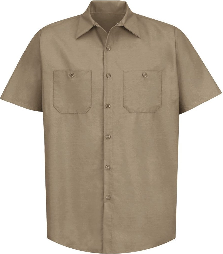 Front View of Khaki Industrial Short Sleeve Work Shirt - SP24