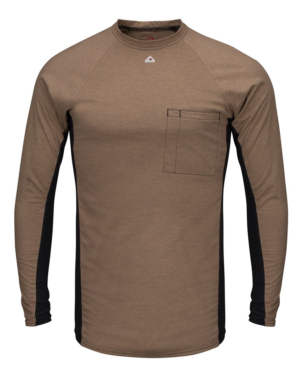 Front View of Khaki Long Sleeve FR Two-Tone Base Layer with Concealed Chest Pocket - EXCEL FR - MPS8