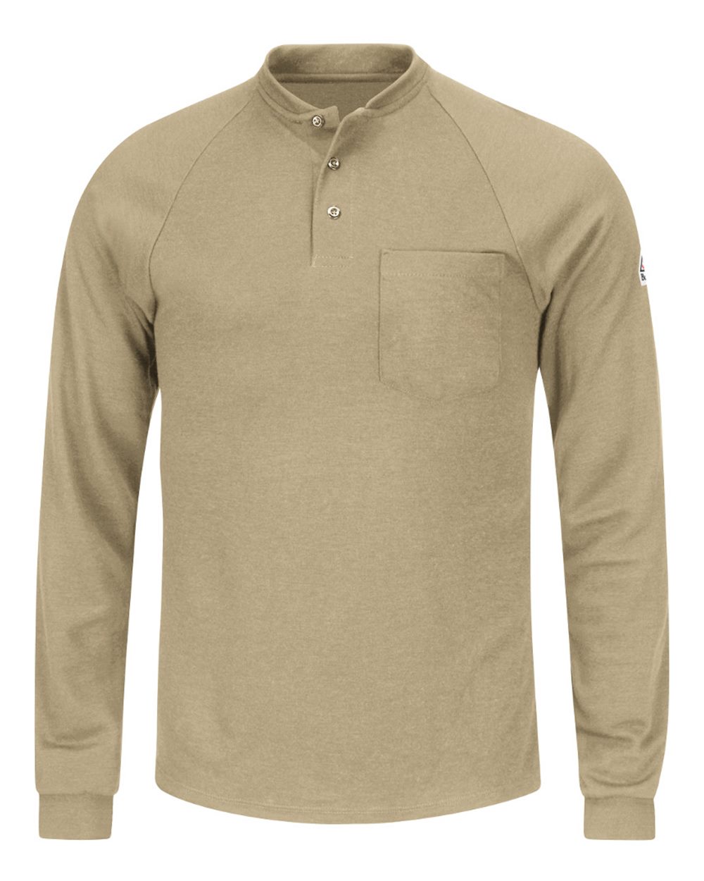 Front View of Khaki Long Sleeve Henley Shirt- CoolTouch®2 - SML2 plain