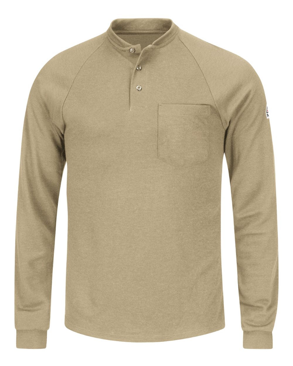 Front View of Khaki Long Sleeve Henley Shirt- CoolTouch®2 - SML2