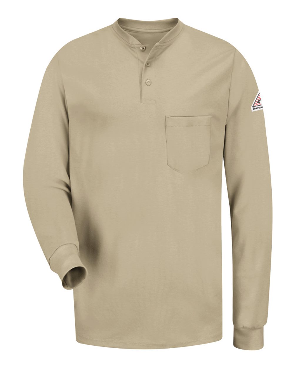 Front View of Khaki Long Sleeve Tagless Henley Shirt - Tall Sizes - SEL2T