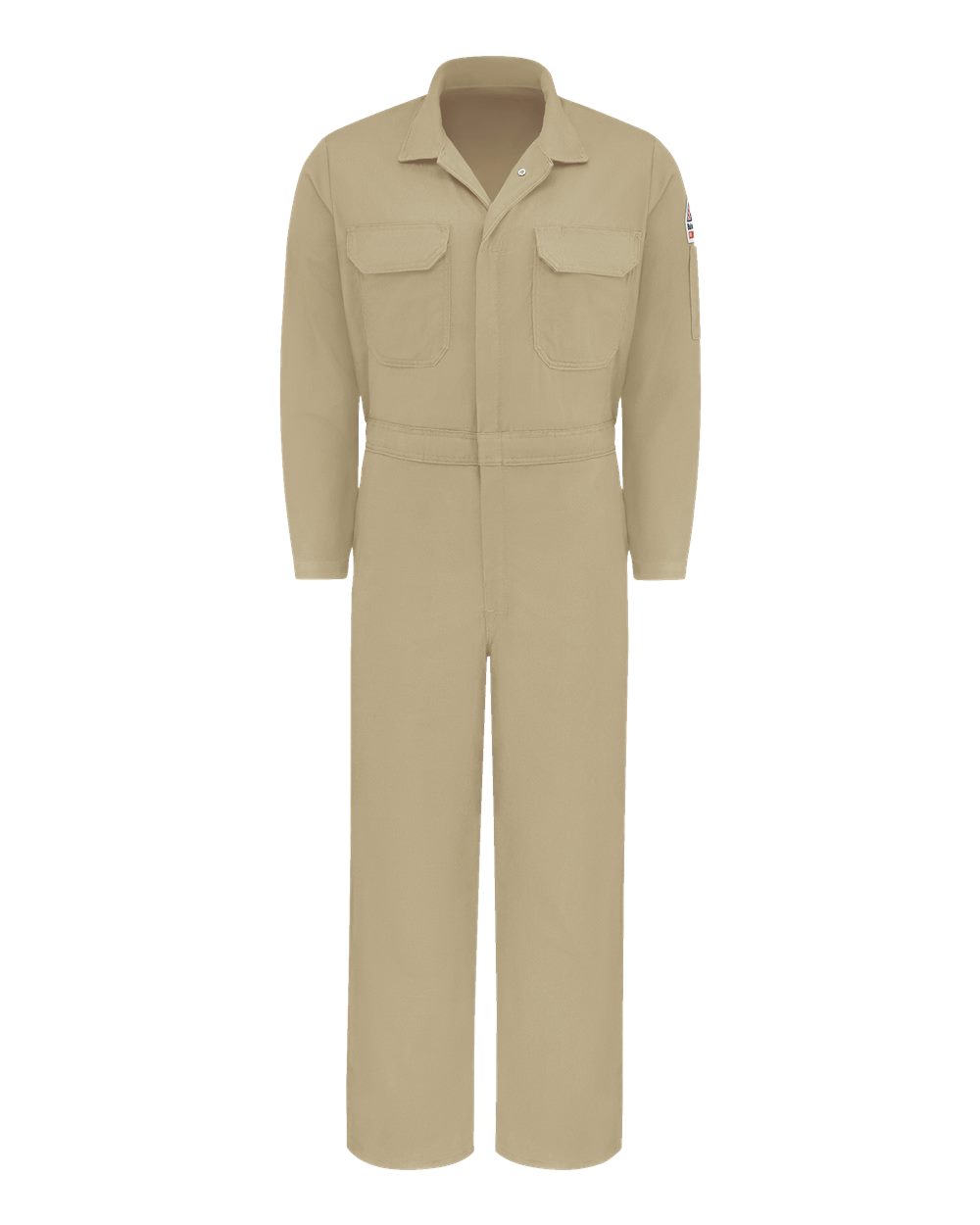 Front View of Khaki Premium Coverall - EXCEL FR® ComforTouch® - 7 oz. - CLB2