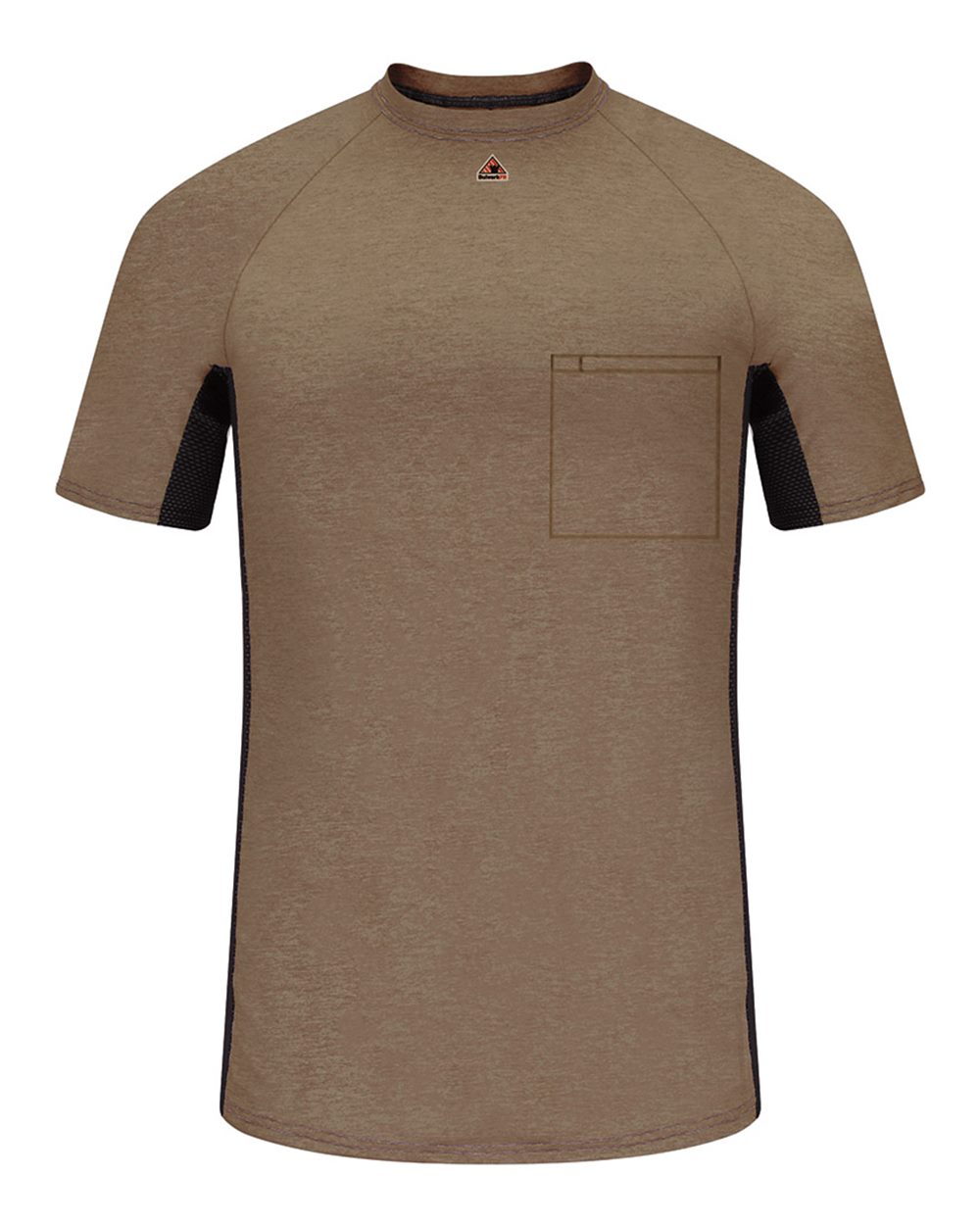 Front View of Khaki Short Sleeve FR Two-Tone Base Layer with Concealed Chest Pocket- EXCEL FR - MPS4