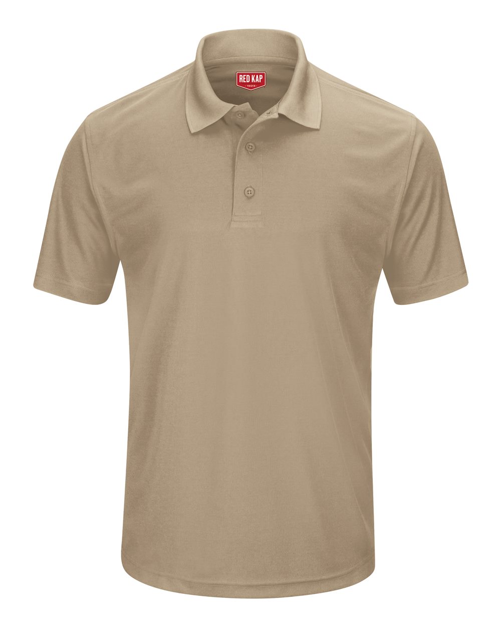 Front View of Khaki Short Sleeve Performance Knit Pocketless Core Polo - SK96