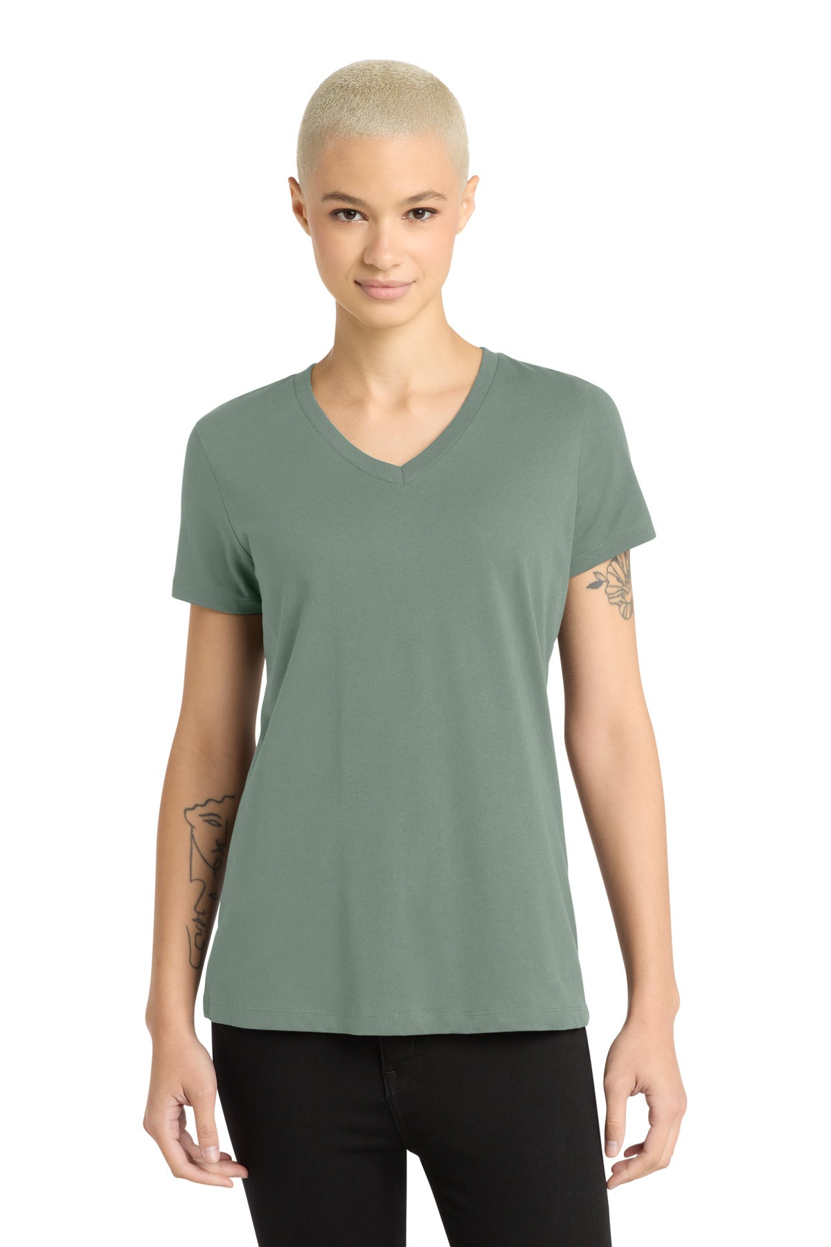 Front View of LaurelGrn District - Women's Perfect Weight V-Neck Tee. DM1170L