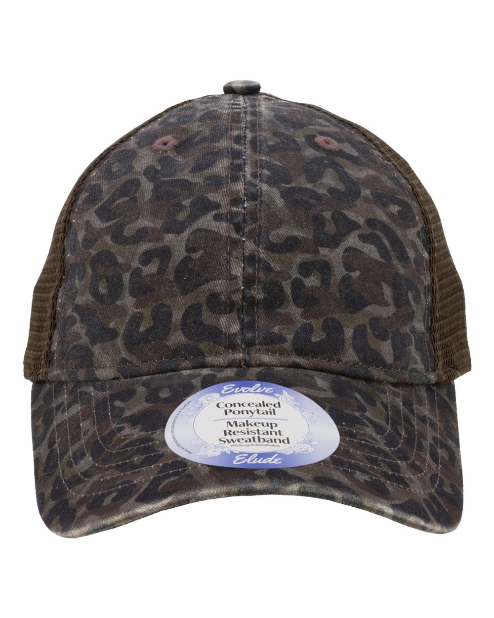 Front View of Leopard Camo/ Brown Women's Peached Twill Mesh Back Cap - ANNIE
