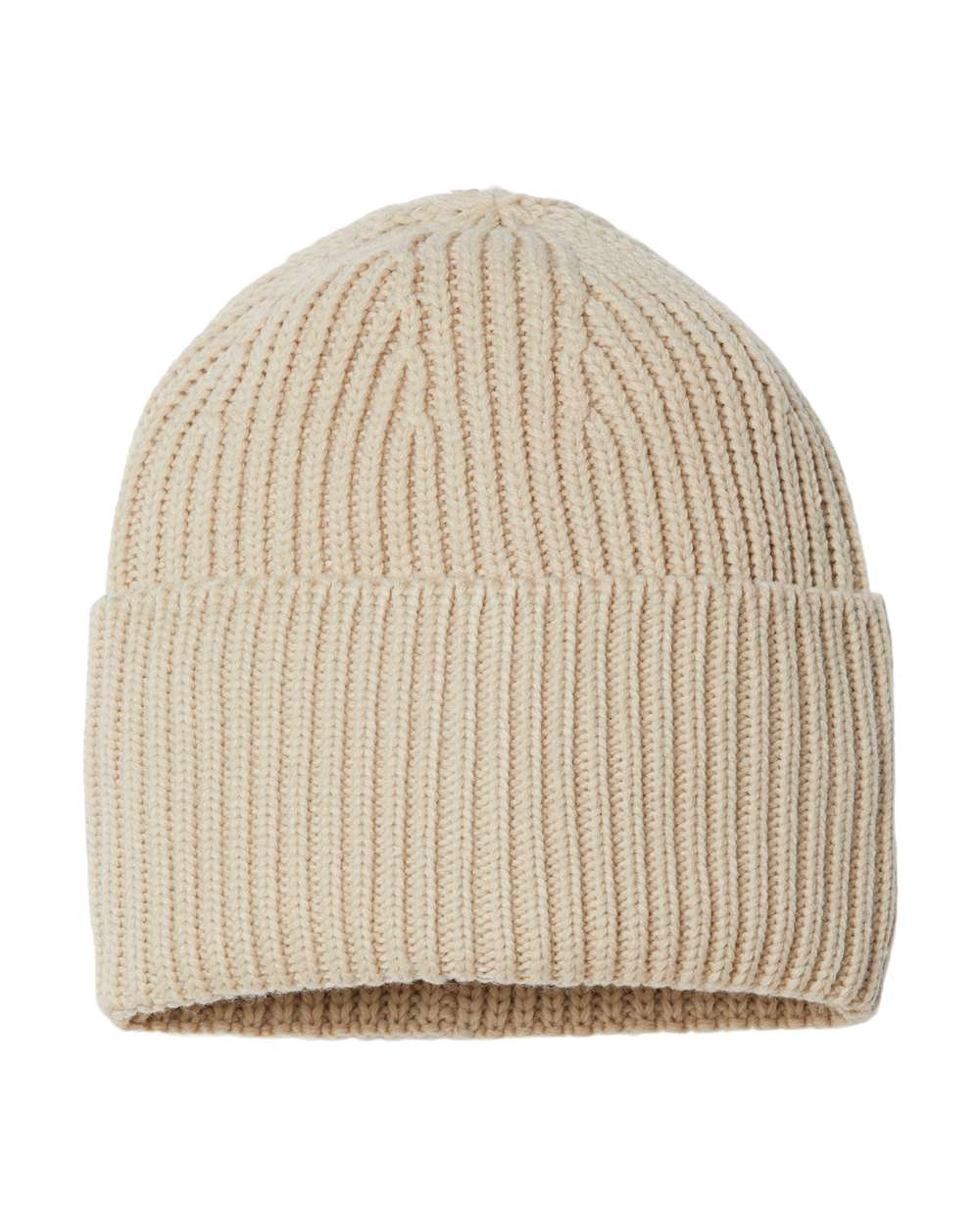 Front View of Light Beige Sustainable Chunky Rib Cuffed Beanie - OAK