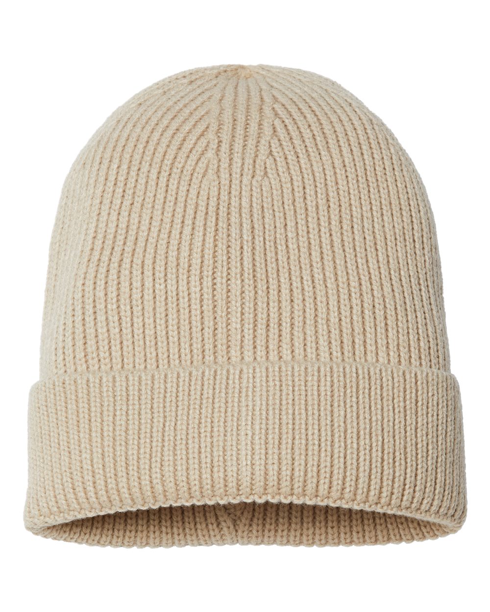 Front View of Light Beige Sustainable Fine Rib Cuffed Beanie - ANDY