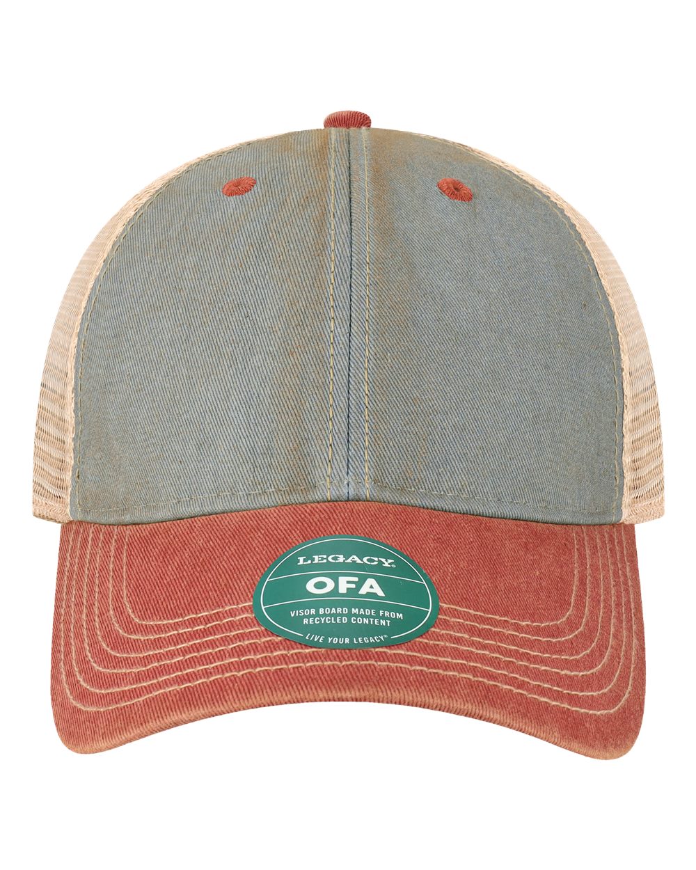 Front View of Light Blue/ Cardinal Old Favorite Trucker Cap - OFA