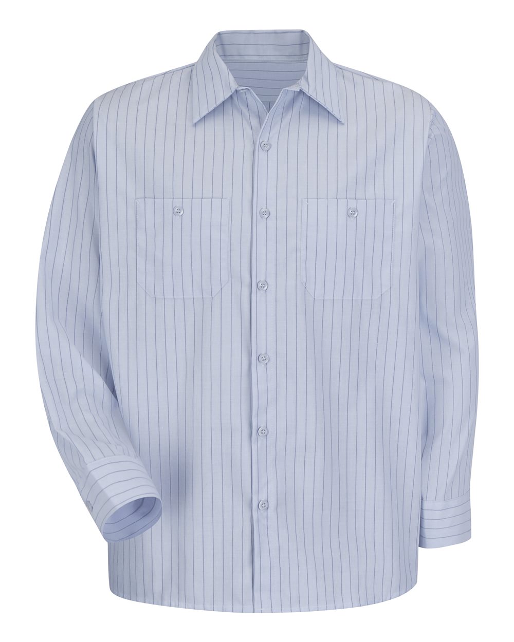 Front View of Light Blue/ Navy Stripe Premium Long Sleeve Work Shirt - SP10