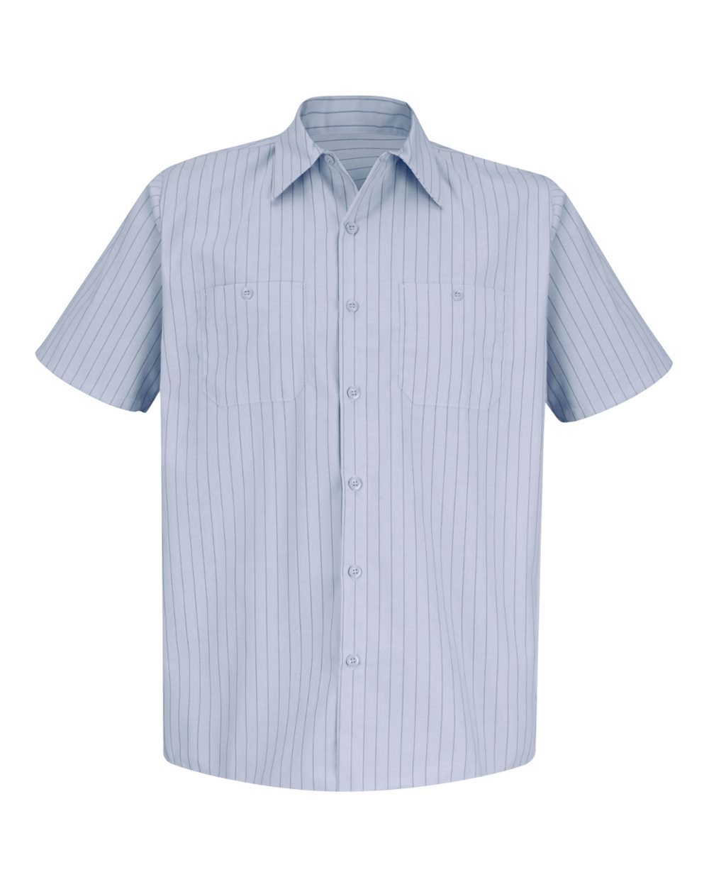 Front View of Light Blue/ Navy Stripe Premium Short Sleeve Work Shirt - Tall Sizes - SP20T