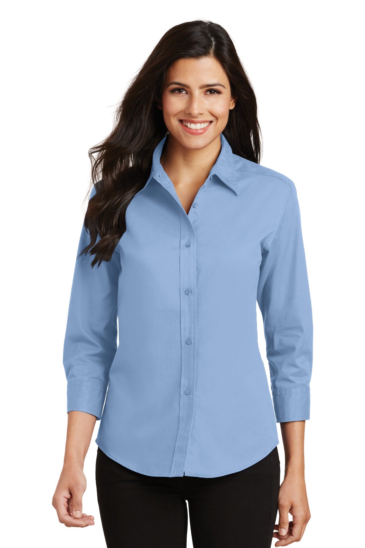 Front View of Light Blue Port Authority Women's 3/4-Sleeve Easy Care Shirt. L612
