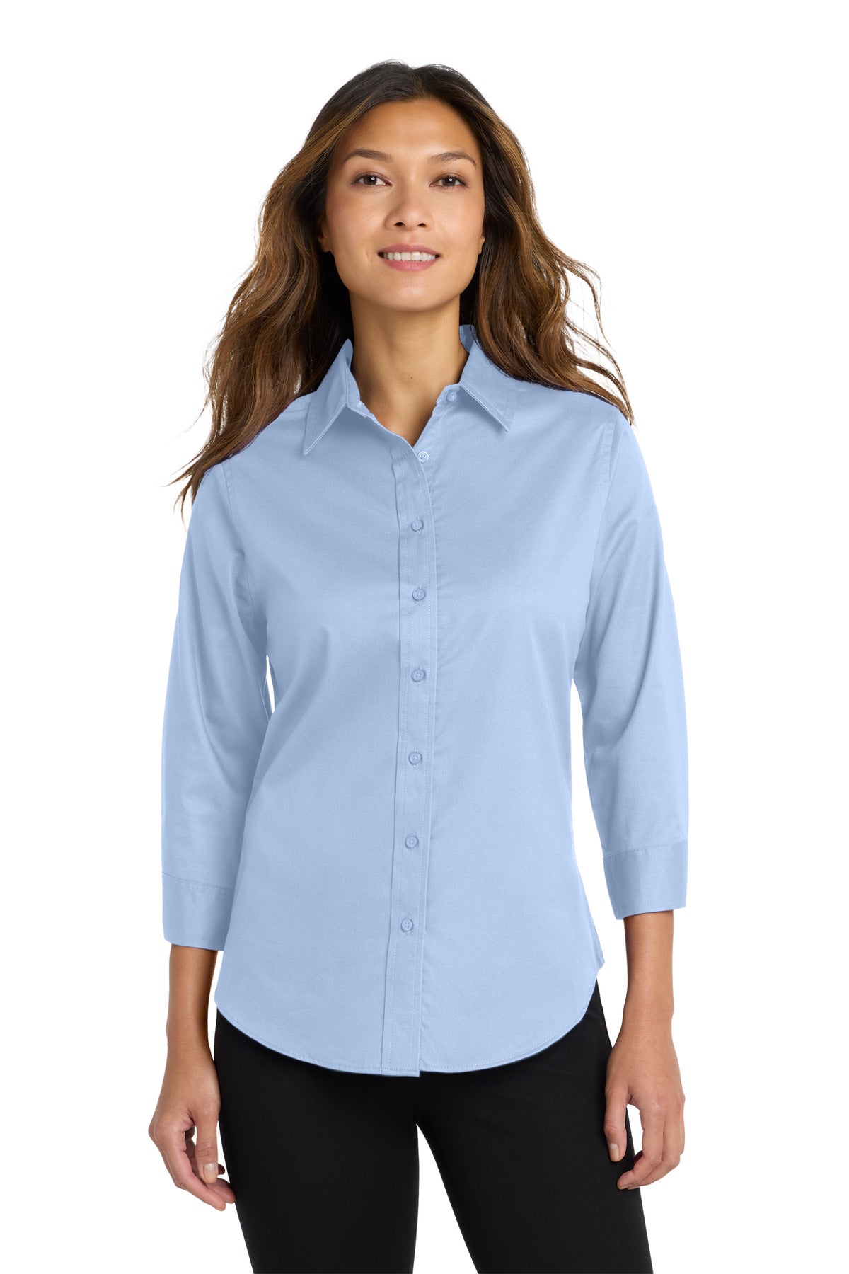 Front View of Light Blue Port Authority Women's 3/4-Sleeve Easy Care Shirt. L612
