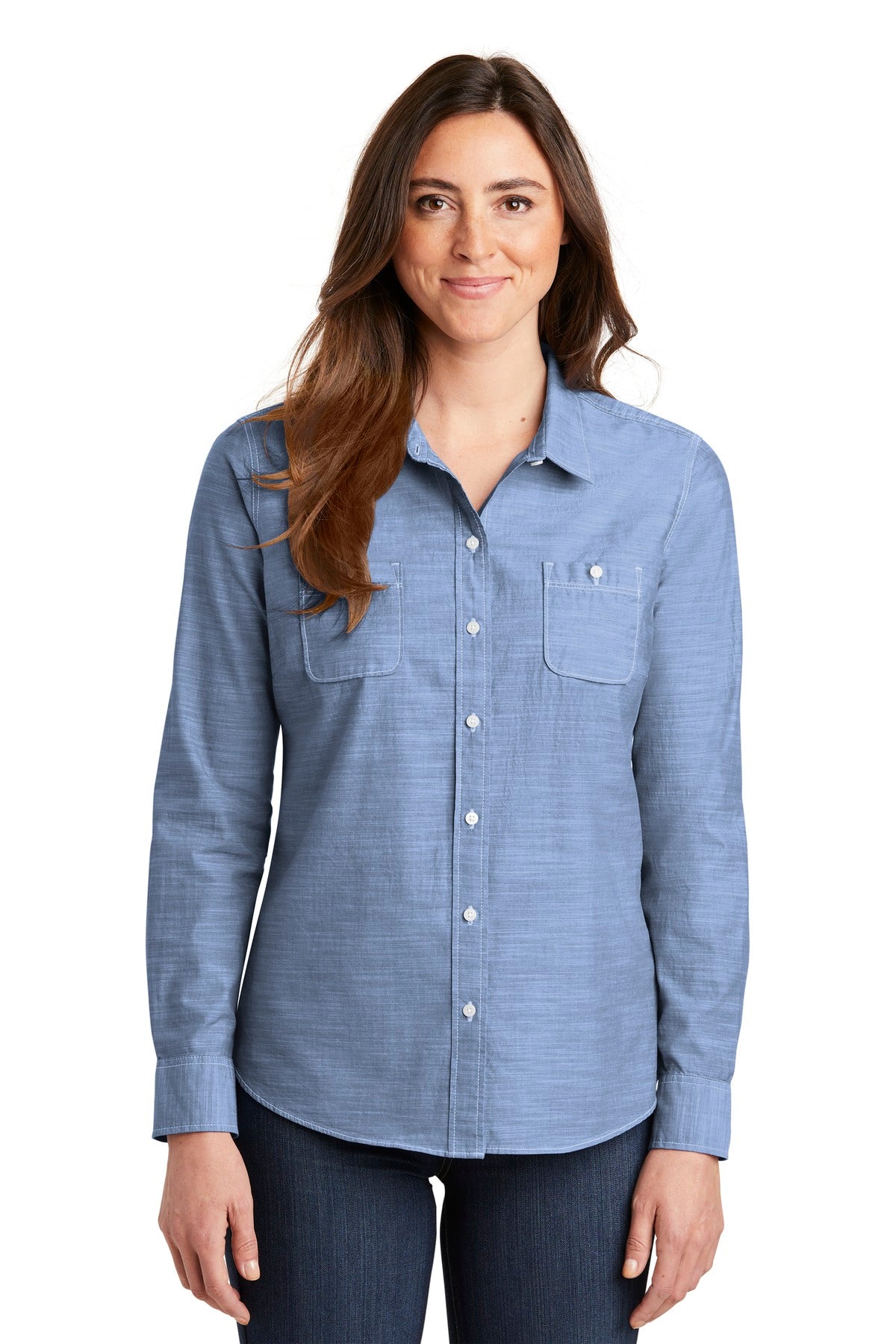 Front View of Light Blue Port Authority Women's Slub Chambray Shirt. LW380