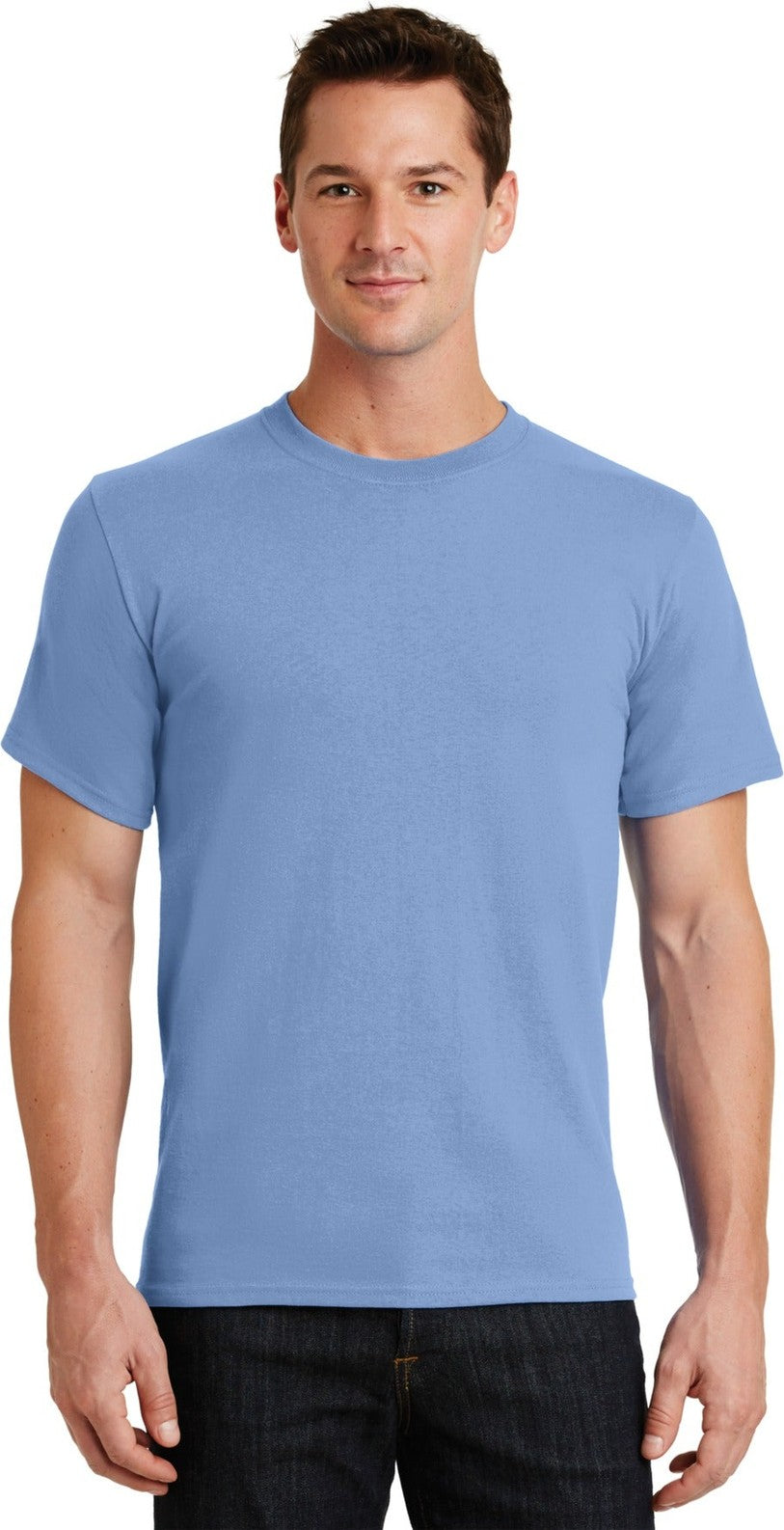 Front View of Light Blue Port & Co Essential Tee. PC61