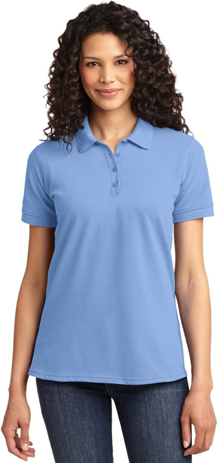 Front View of Light Blue Port & Co Women's Core Blend Pique Polo. LKP155