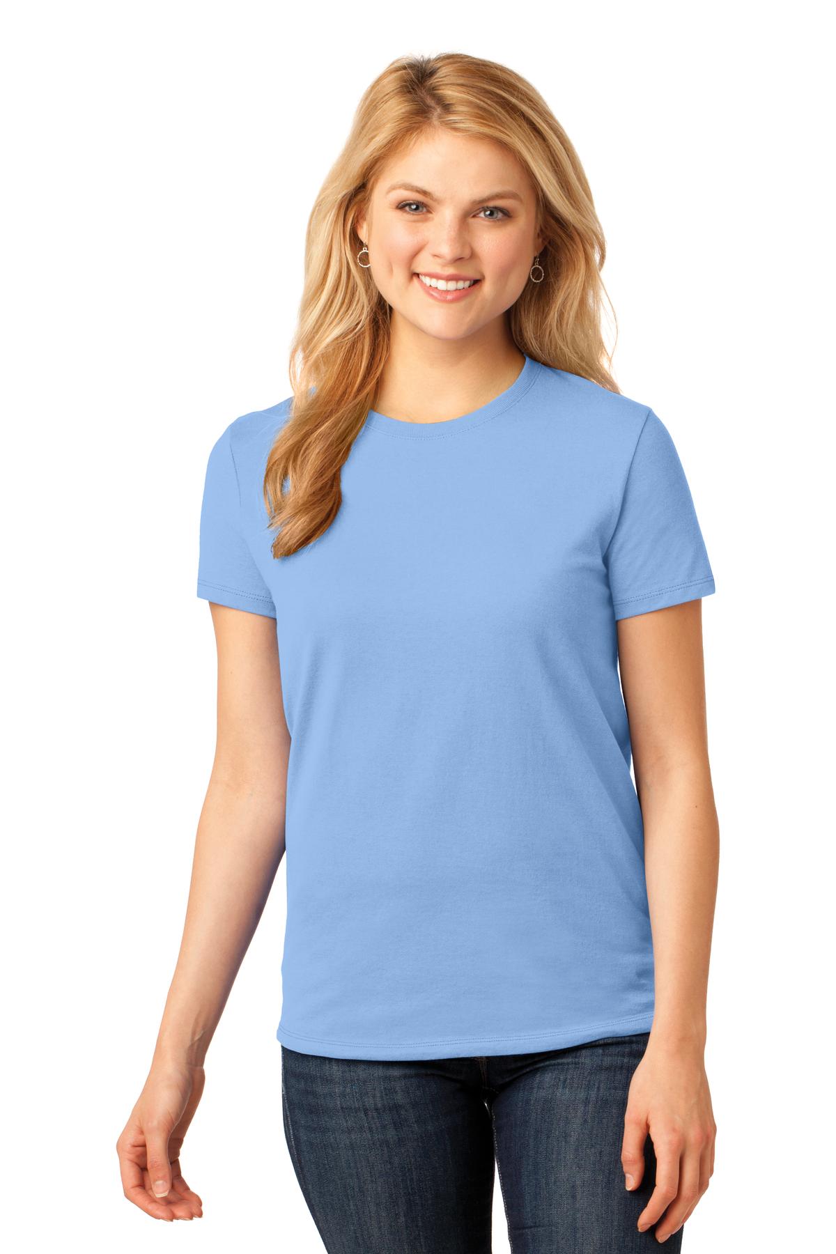 Front View of Light Blue Port & Co Women's Core Cotton Tee. LPC54