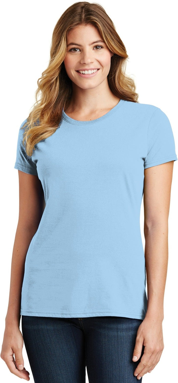 Front View of Light Blue Port & Co Women's Fan Favorite Tee. LPC450