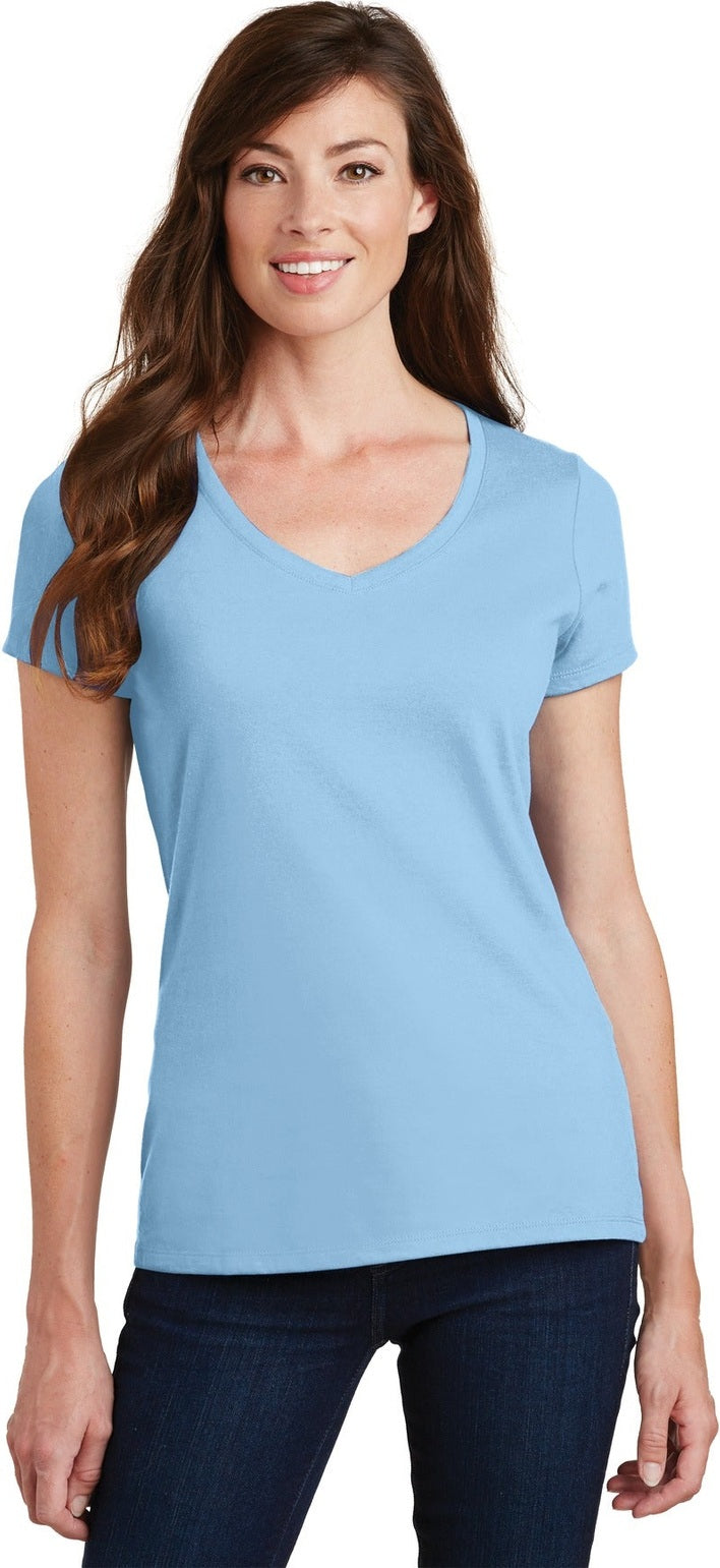 Front View of Light Blue Port & Co Women's Fan Favorite V-Neck Tee. LPC450V