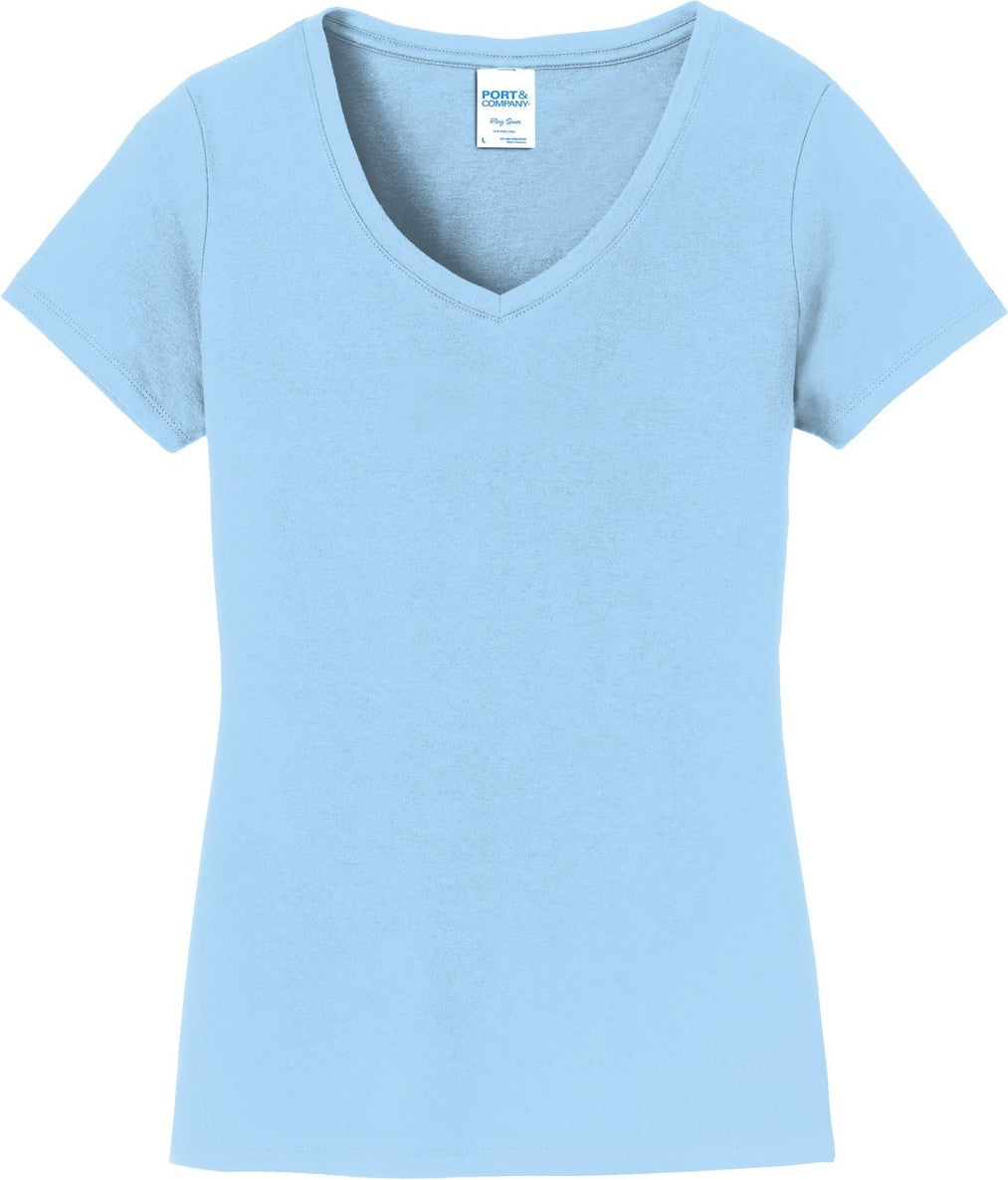 Front View of Light Blue Port & Co Women's Fan Favorite V-Neck Tee. LPC450V
