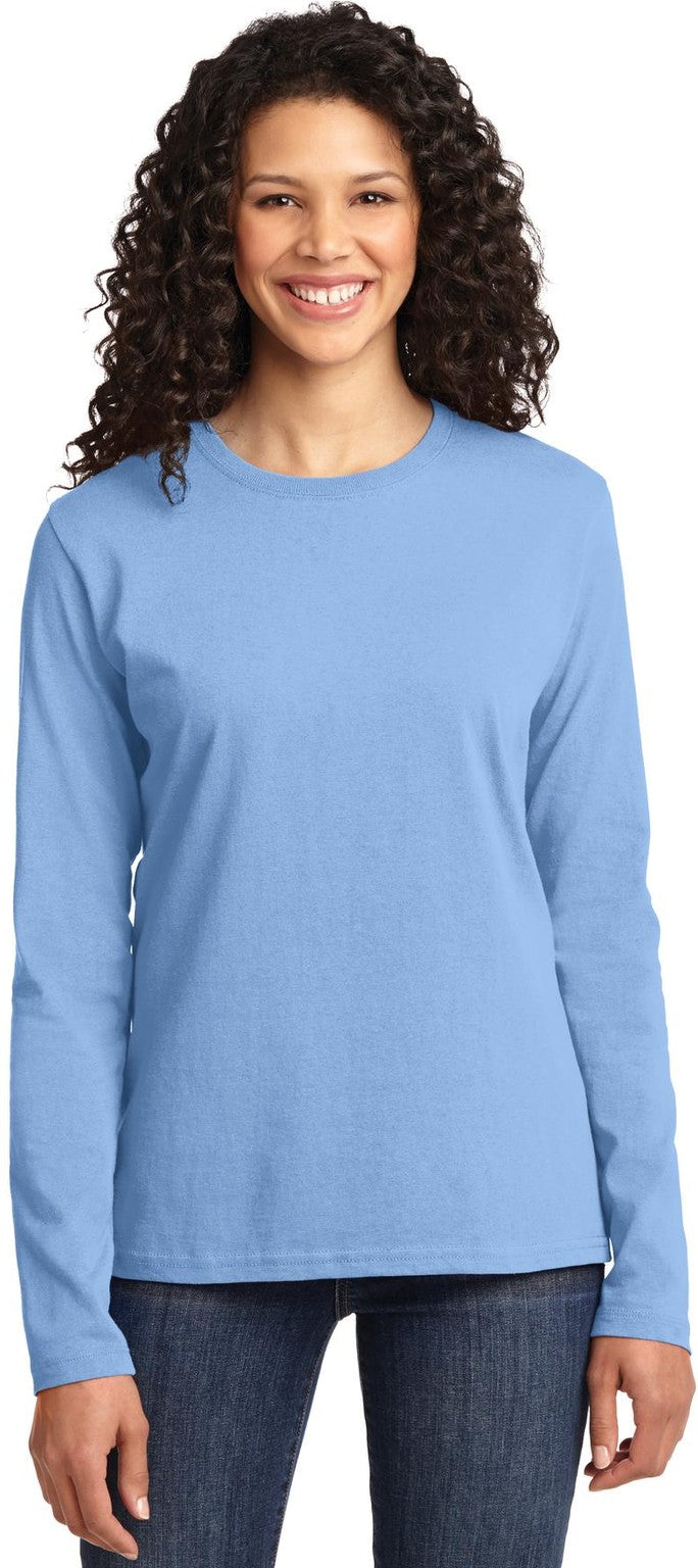 Front View of Light Blue Port & Co Women's Long Sleeve Core Cotton Tee. LPC54LS