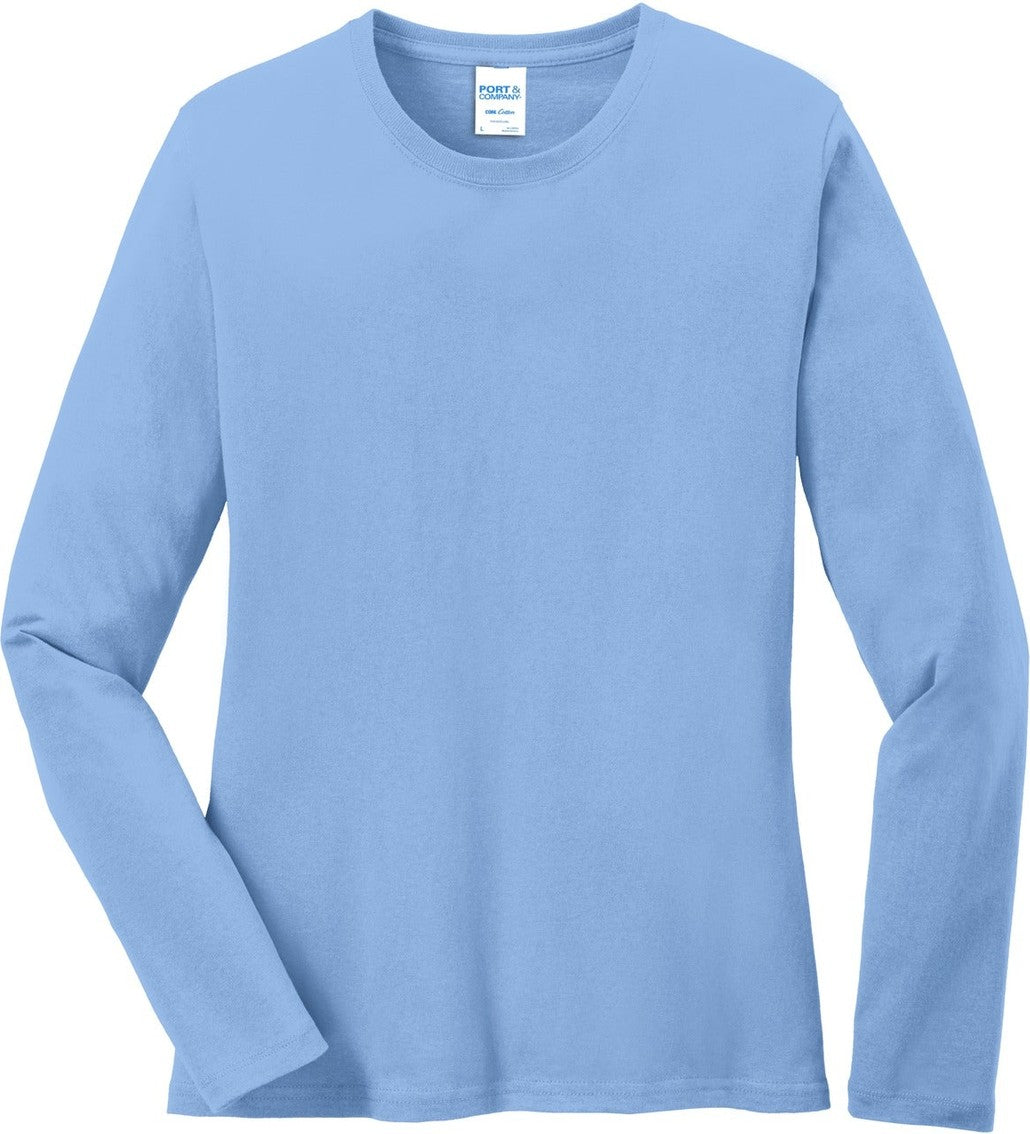 Front View of Light Blue Port & Co Women's Long Sleeve Core Cotton Tee. LPC54LS