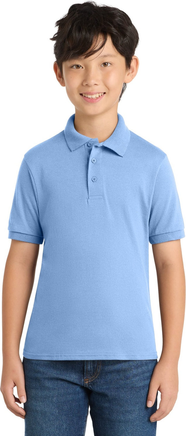 Front View of Light Blue Port & Co Youth Core Blend Jersey Knit Polo. KP55Y