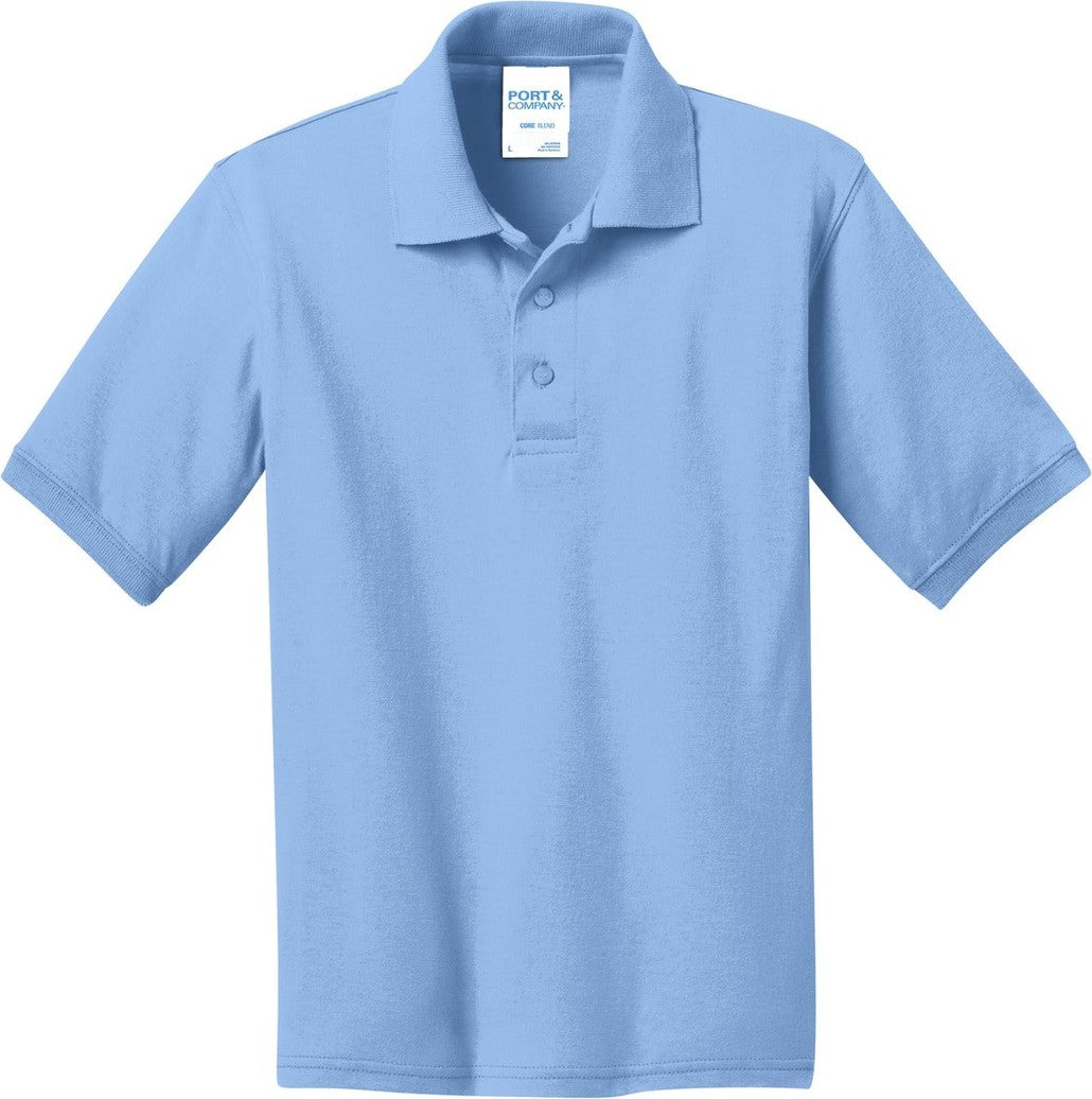 Front View of Light Blue Port & Co Youth Core Blend Jersey Knit Polo. KP55Y