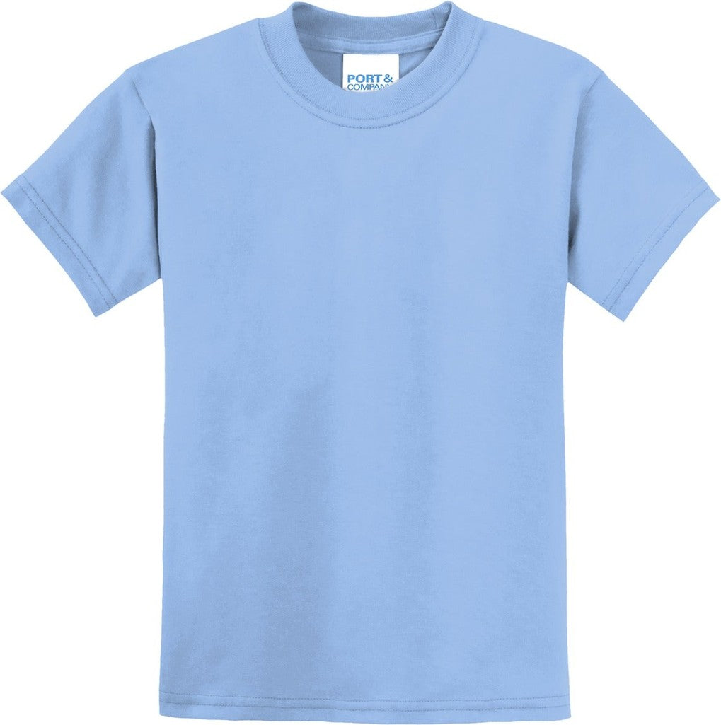 Front View of Light Blue Port & Co Youth Core Blend Tee. PC55Y