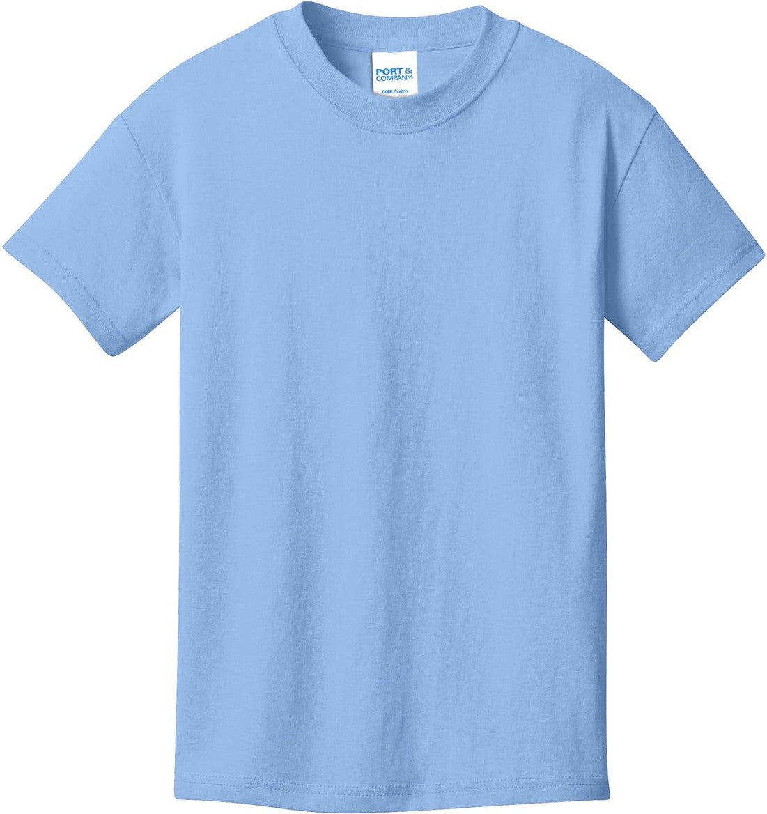 Front View of Light Blue Port & Co Youth Core Cotton Tee. PC54Y
