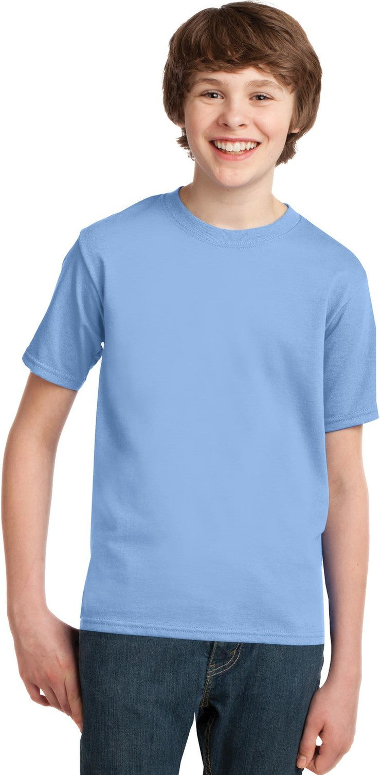 Front View of Light Blue Port & Co Youth Essential Tee. PC61Y