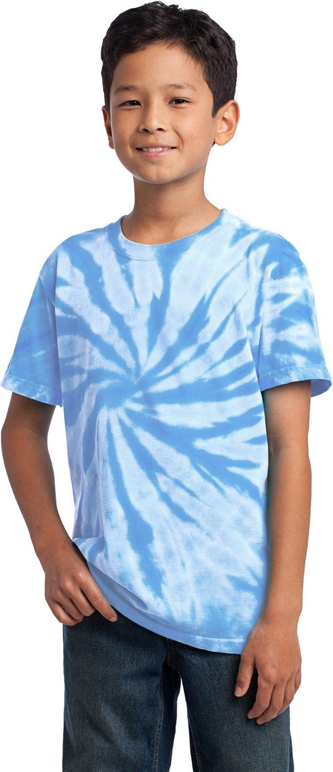 Front View of Light Blue Port & Co Youth Tie-Dye Tee. PC147Y
