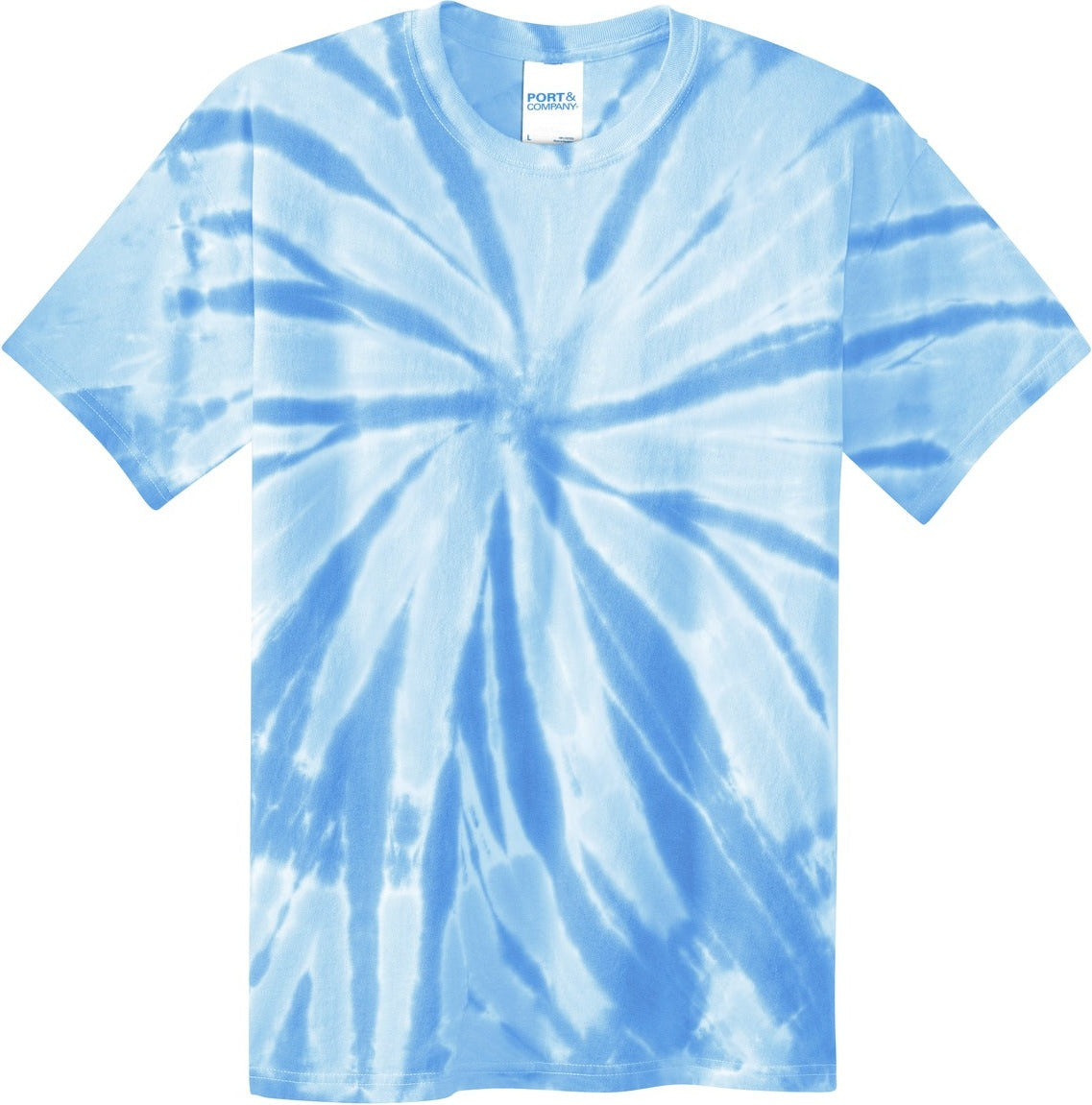 Front View of Light Blue Port & Co Youth Tie-Dye Tee. PC147Y