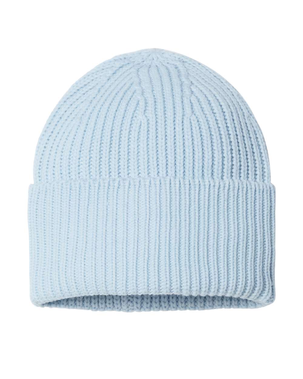 Front View of Light Blue Sustainable Chunky Rib Cuffed Beanie - OAK
