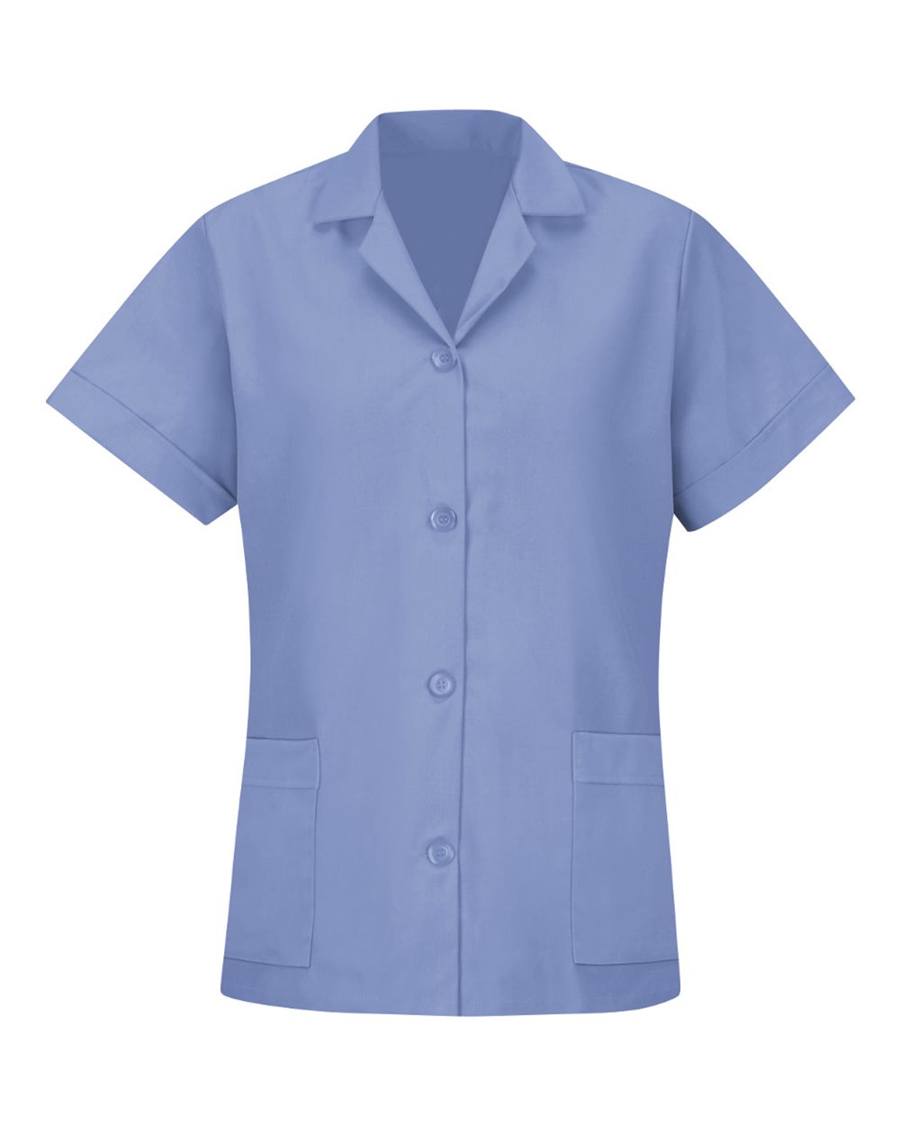 Front View of Light Blue Women&#39;s Loose Fit Short Sleeve Button Smock - TP23