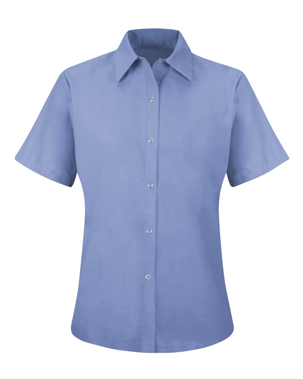 Front View of Light Blue Women&#39;s Short Sleeve Specialized Pocketless Work Shirt - SP25