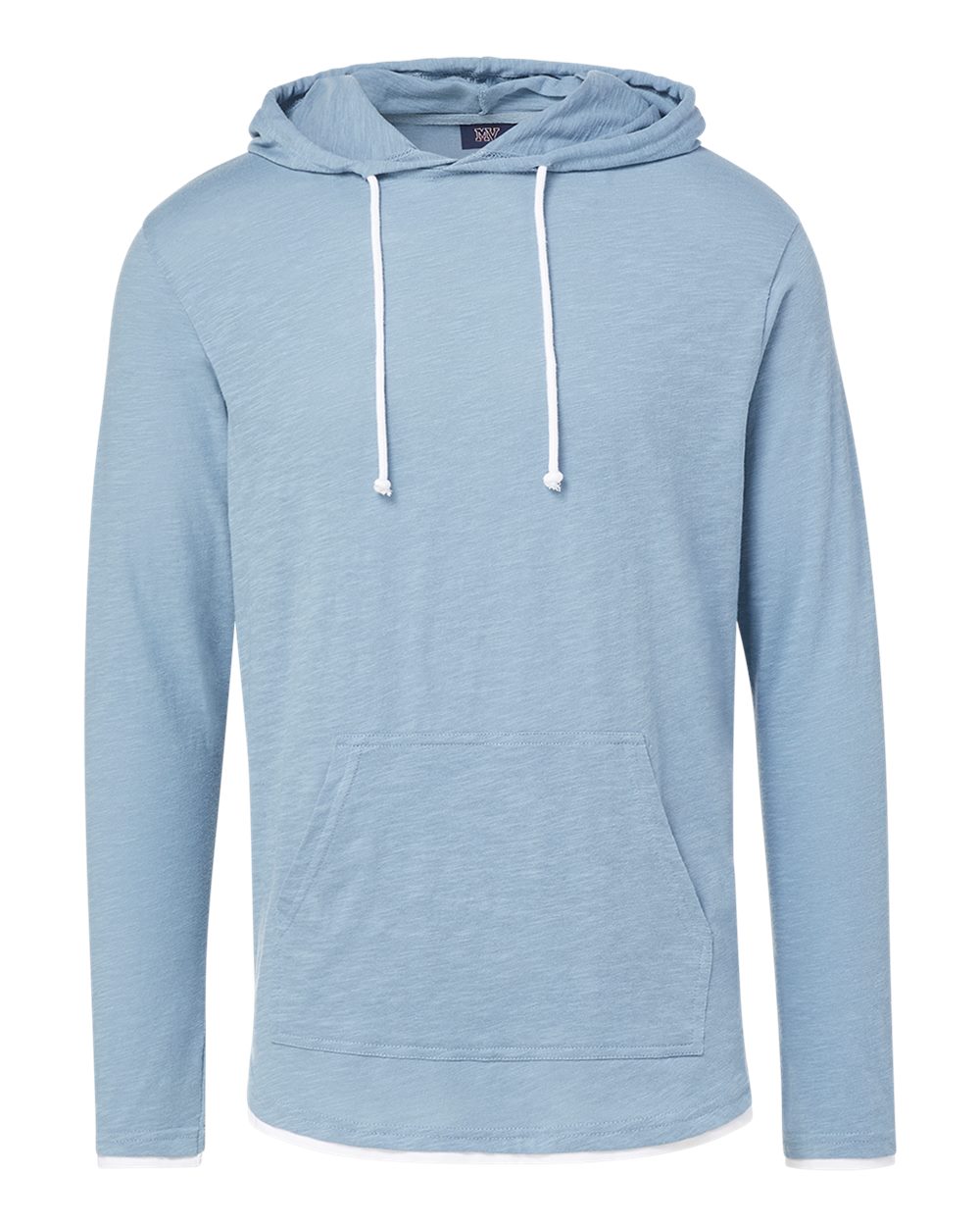 Front View of Light Denim Heather Miles Slub Hooded Long Sleeve T-Shirt - 24401