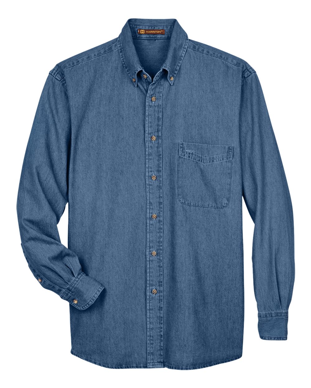 Front View of Light Denim Men's Long Sleeve Denim Shirt - M550