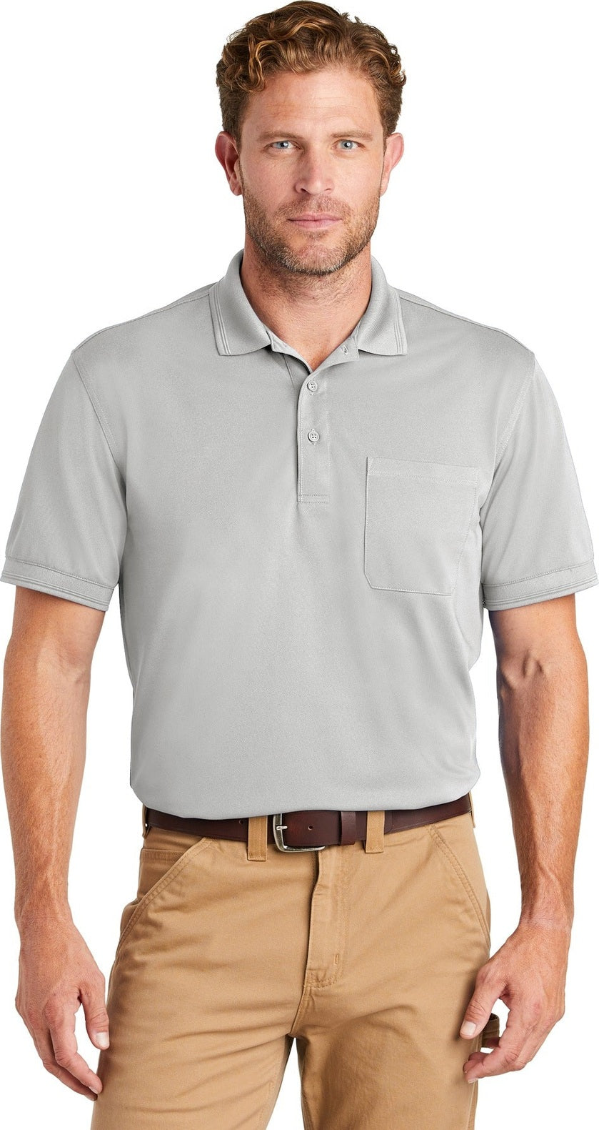 Front View of Light Grey CornerStone Industrial Snag-Proof Pique Pocket Polo. CS4020P