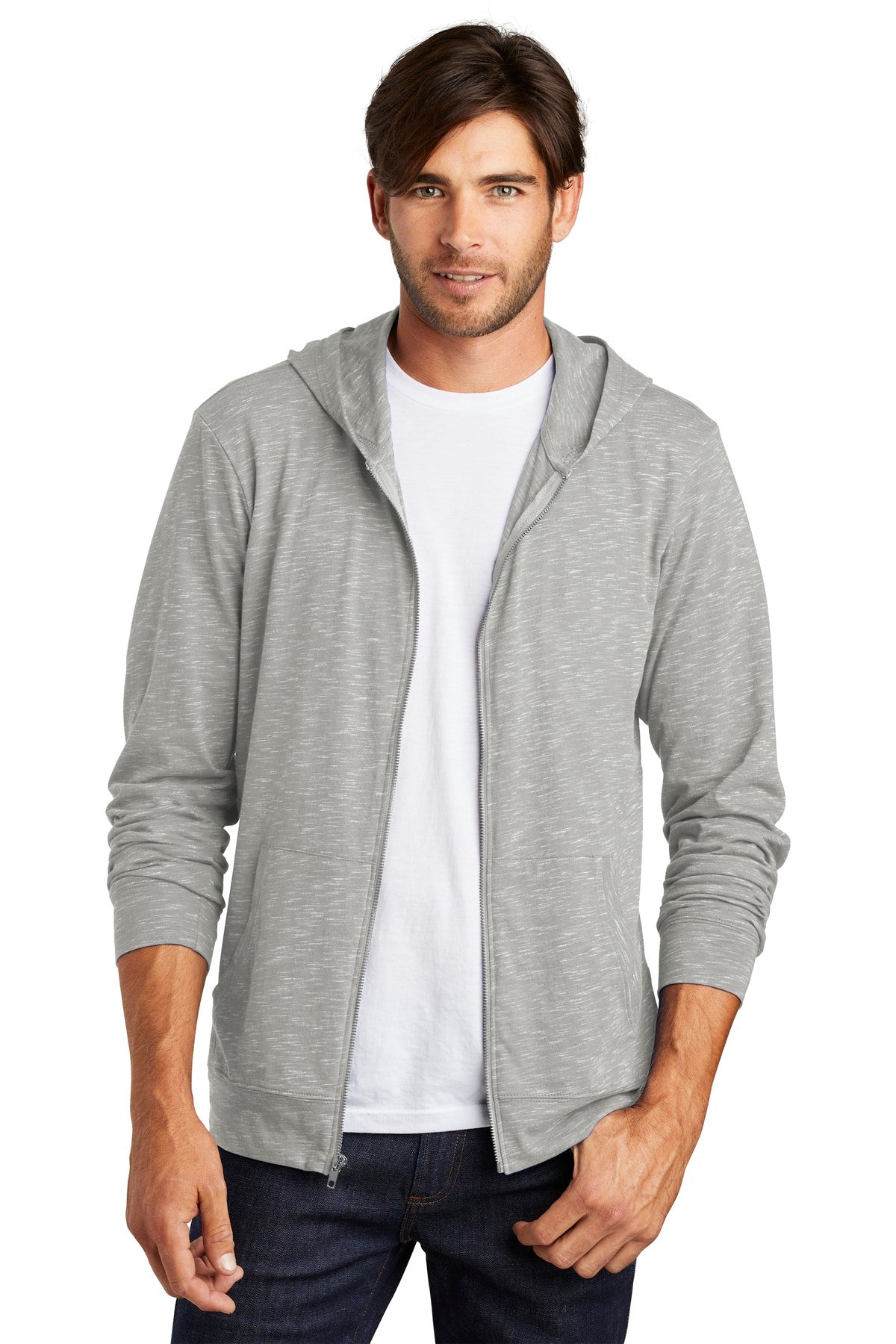 Front View of Light Grey District Medal Full-Zip Hoodie. DT565