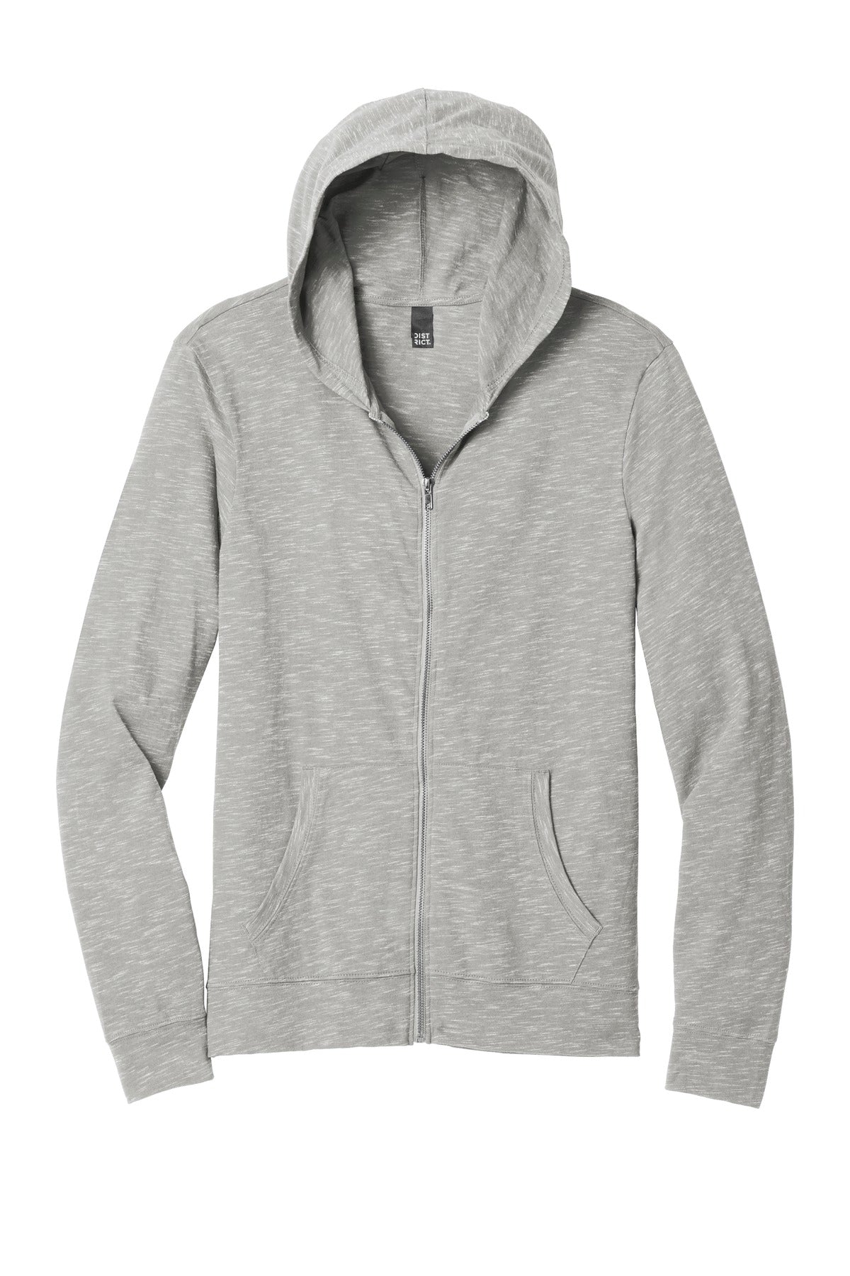 Front View of Light Grey District Medal Full-Zip Hoodie. DT565