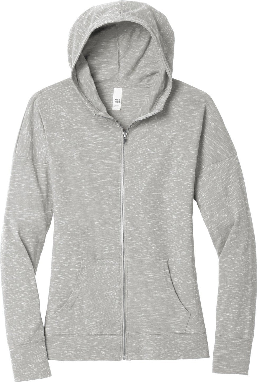 Front View of Light Grey District Women's Medal Full-Zip Hoodie. DT665