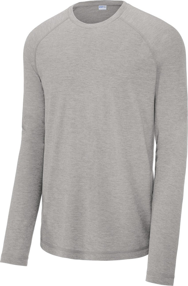 Front View of Light Grey Hth Sport-Tek PosiCharge Long Sleeve Tri-Blend Wicking Raglan Tee ST400LS