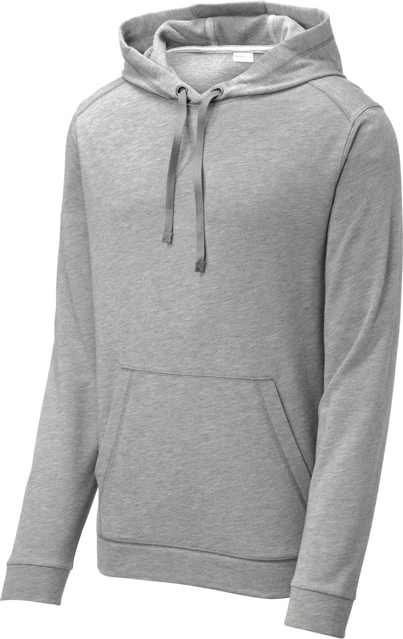 Front View of Light Grey Hth Sport-Tek PosiCharge Tri-Blend Wicking Fleece Hooded Pullover. ST296