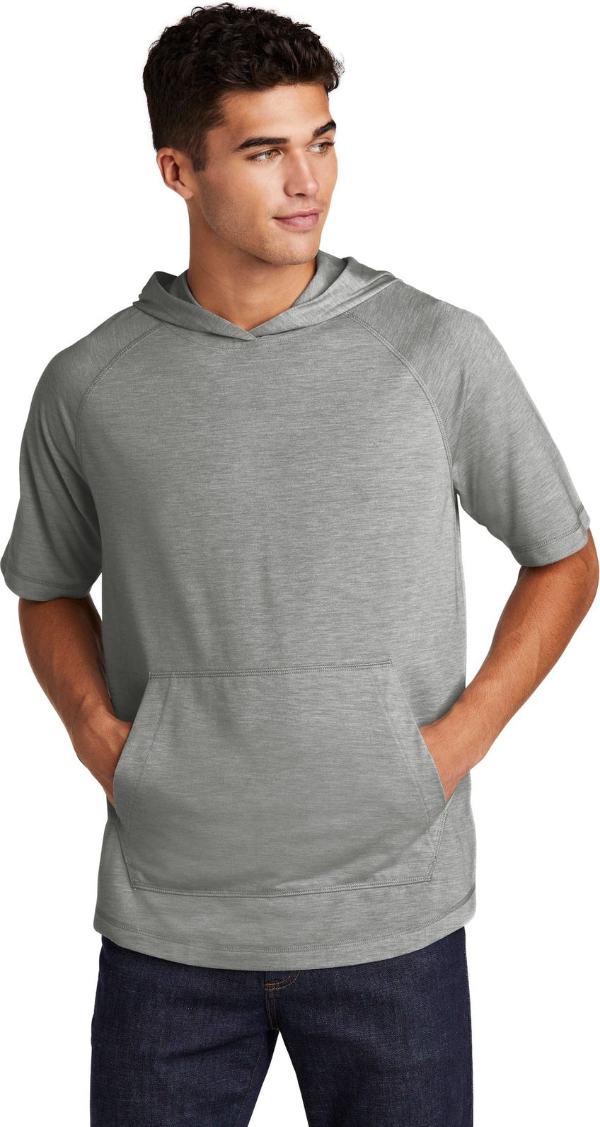 Front View of Light Grey Hth Sport-Tek PosiCharge Tri-Blend Wicking Short Sleeve Hoodie. ST404