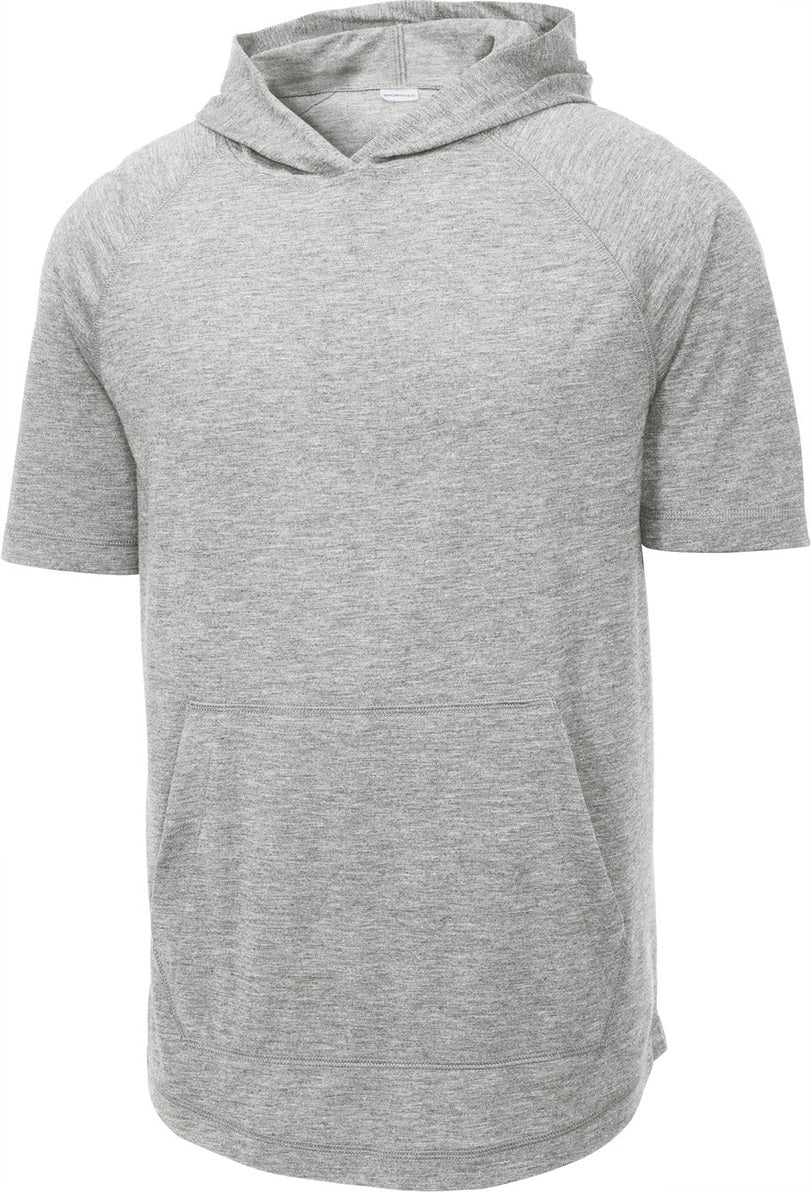 Front View of Light Grey Hth Sport-Tek PosiCharge Tri-Blend Wicking Short Sleeve Hoodie. ST404