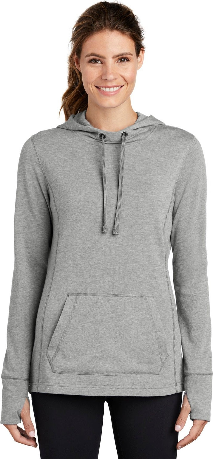 Front View of Light Grey Hth Sport-Tek Women's PosiCharge Tri-Blend Wicking Fleece Hooded Pullover. LST296