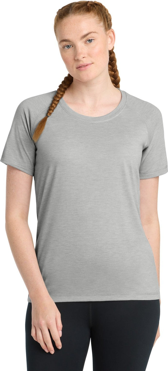 Front View of Light Grey Hth Sport-Tek Women's PosiCharge Tri-Blend Wicking Scoop Neck Raglan Tee. LST400